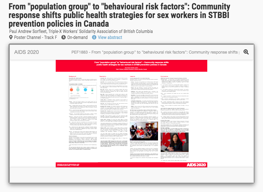 Community response shifts public health strategies for sex workers in STBBI prevention policies in Canada, AIDS 2020, July 6-10, 2020