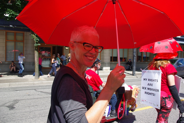 Becki Ross at 3rd annual Vancouver Red Umbrella March, June 13, 2015. Photo: Elaine Ayres